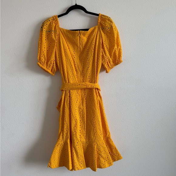 NWT Sachin & Babi Yellow Eyelet Ruffled Hem Belted Puff Sleeves Dress - Picture 5 of 6
